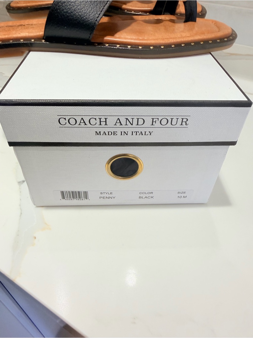 Coach and Four Black and Tan Leather Slide Sandals with Gold Accents - Picture 12 of 15
